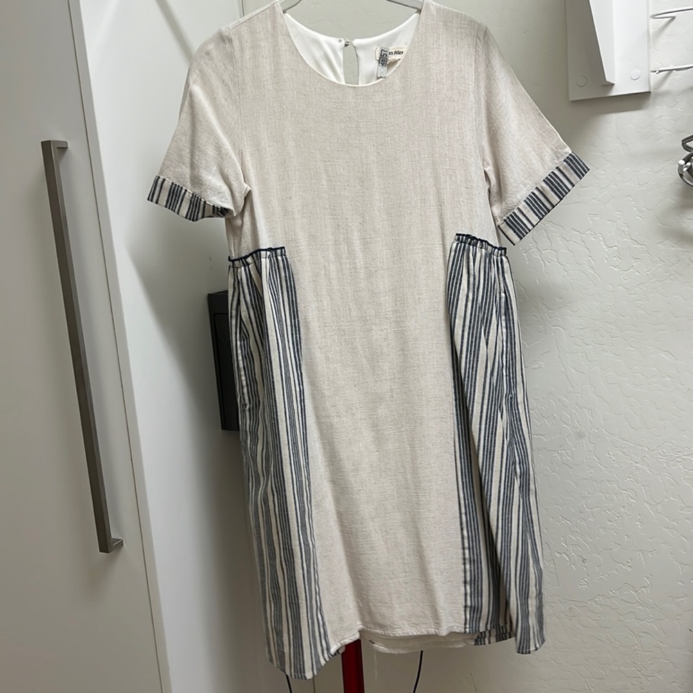Cream dress with navy stripes
